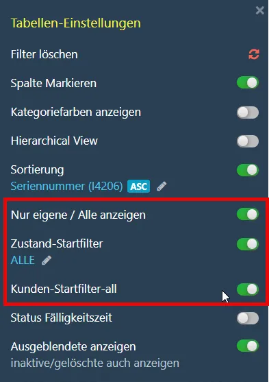 Anzeige des Filtermenü im Inventargrid