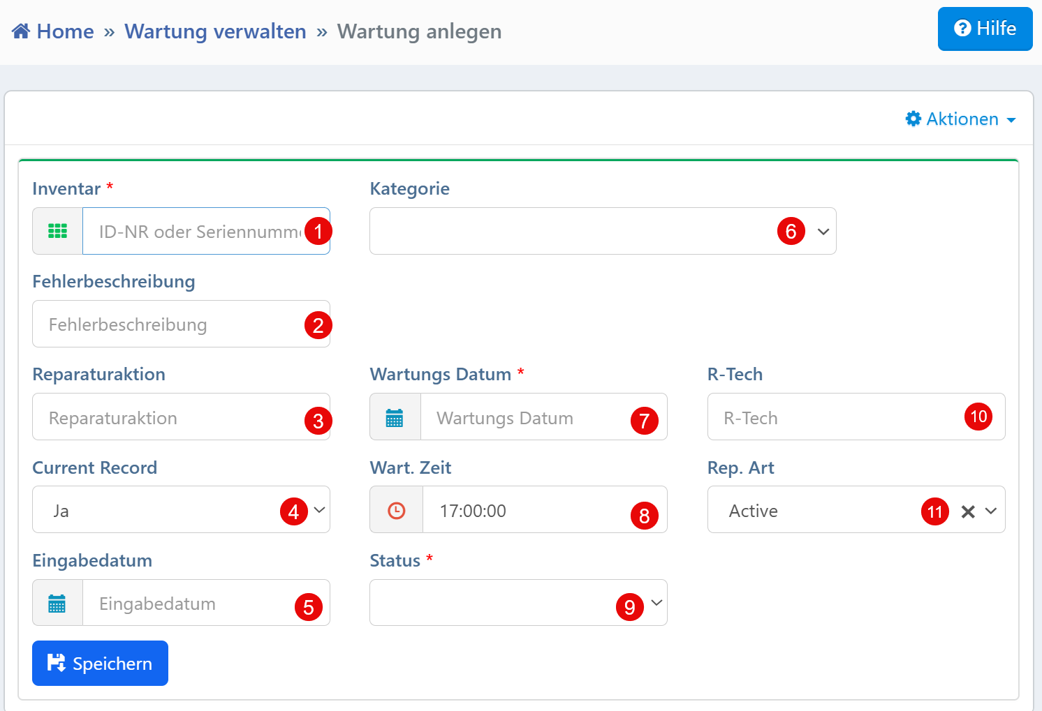 Formular zur Erstellung eines Wartungseintrags