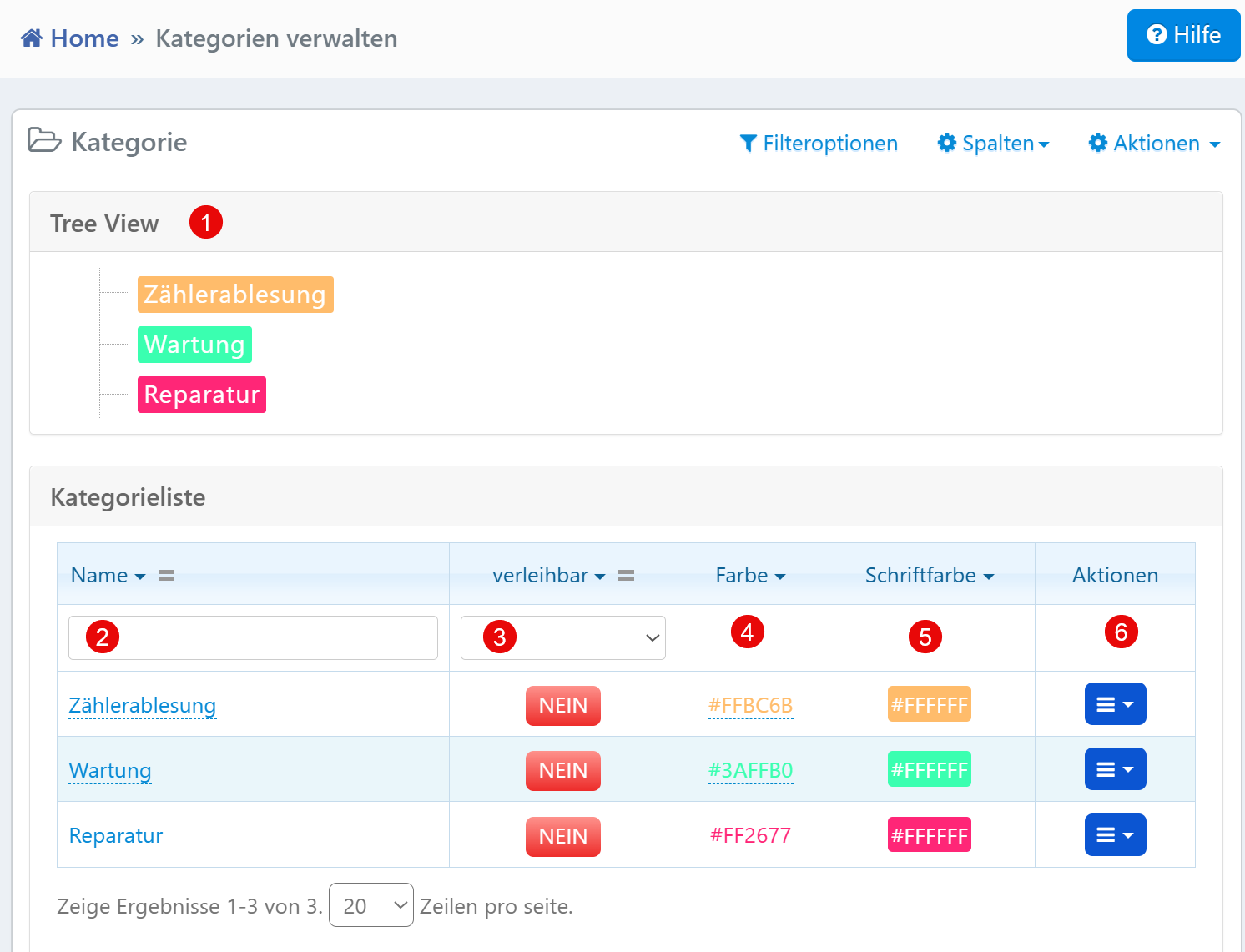 Kategorieverwaltung mit Baumstruktur, Filterzeile und farbcodierter Kategorieliste