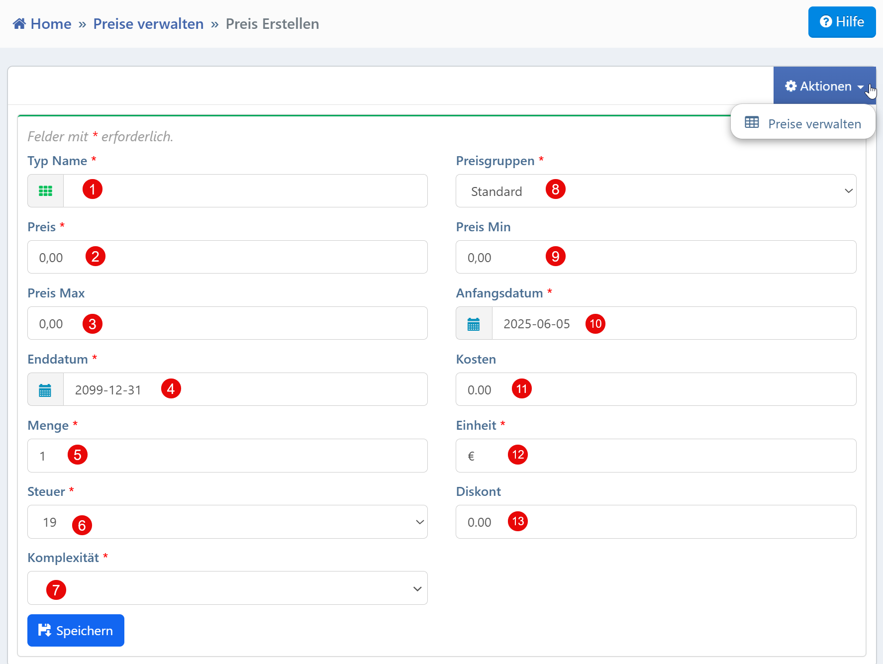 Formular zur Erstellung eines Preiseintrags